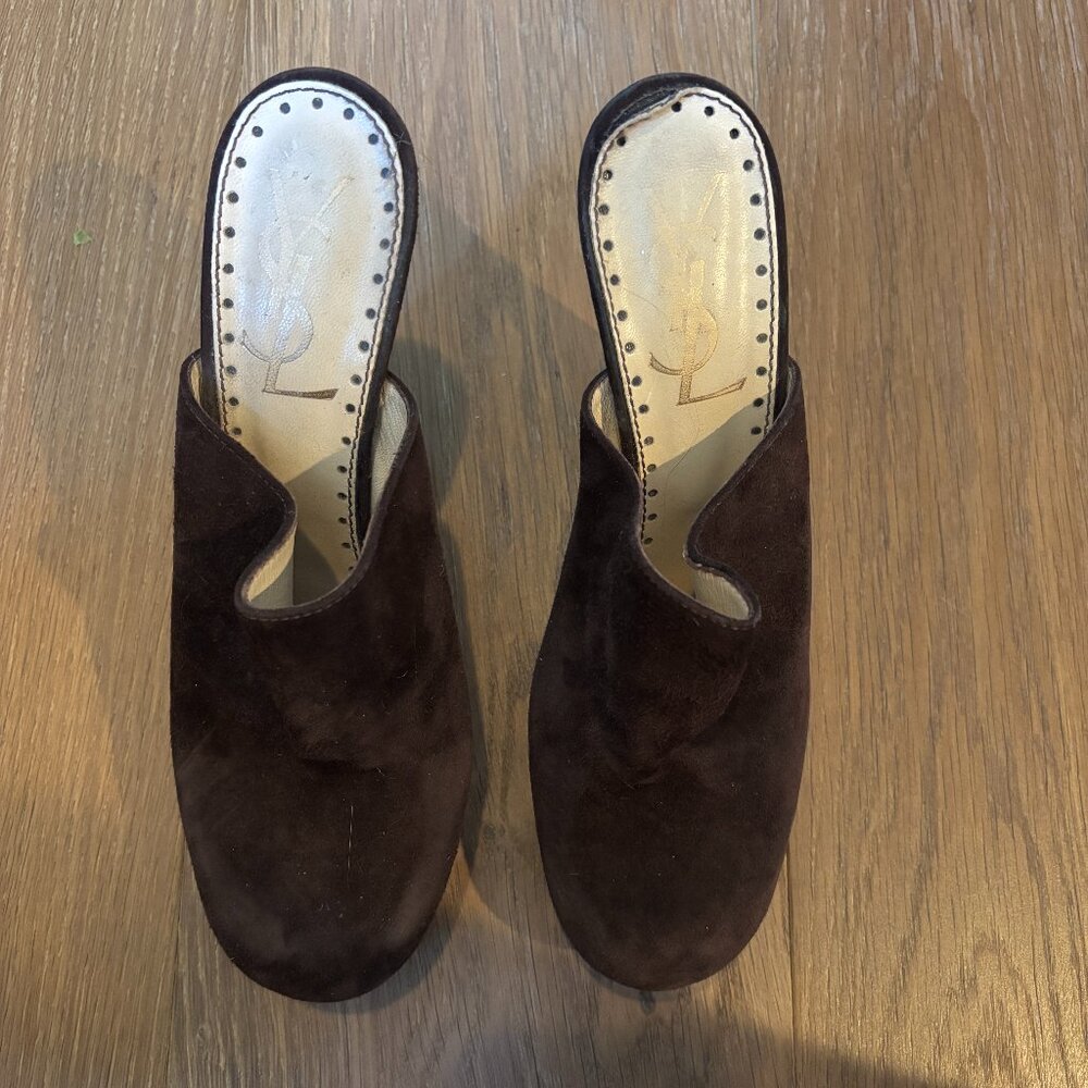 Vintage YSL Brown Suede 4" Mules